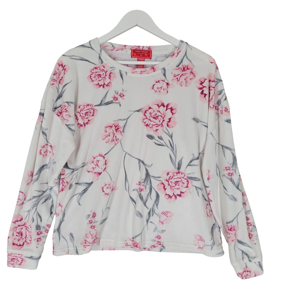 Kathy Ireland Sleepwear Top Womens Large White Pink Floral Plush Fleece SLS3654